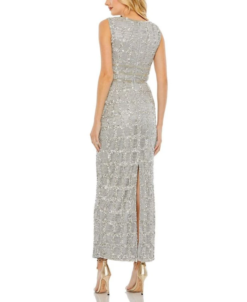 Beaded Sleeveless Tea Length Sheath Dress