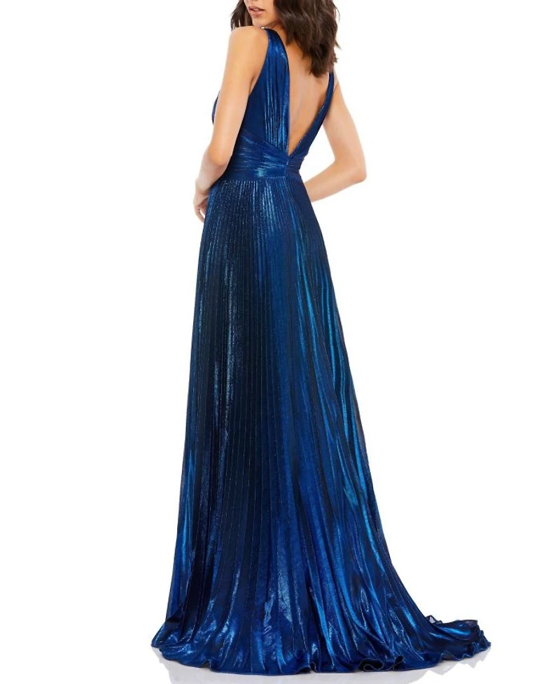 Plunge Neck Pleated Metallic Gown