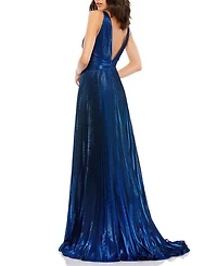 Plunge Neck Pleated Metallic Gown
