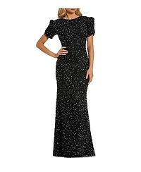 Mac Duggal Gathered Short Sleeve Beaded Gown