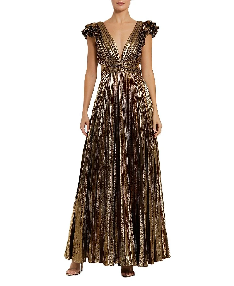Mac Duggal Ruffle Sleeve Cutout Pleated Metallic Gown