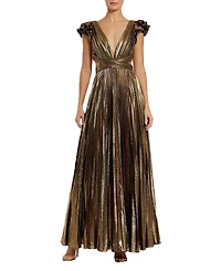 Mac Duggal Ruffle Sleeve Cutout Pleated Metallic Gown