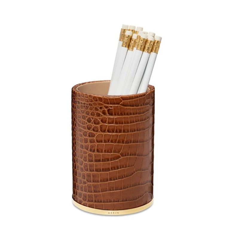 Classic Croc Embossed Leather Pencil Cup in Chestnut