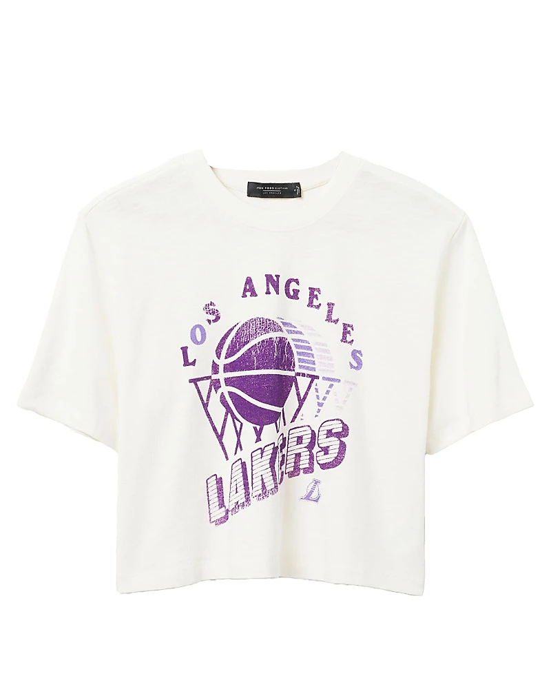 Junk Food Clothing Women's Nba Los Angeles Lakers Short Sleeve Mock Neck Crop Tee