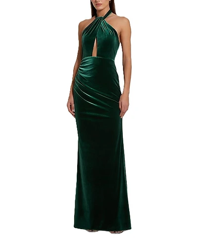Mac Duggal Twist Neck Open Front Velvet Draped Gown