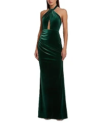 Mac Duggal Twist Neck Open Front Velvet Draped Gown