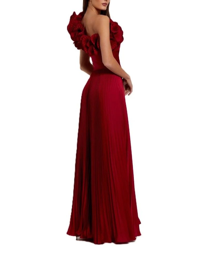 Pleated Charmeuse One Shoulder Ruffle Gown