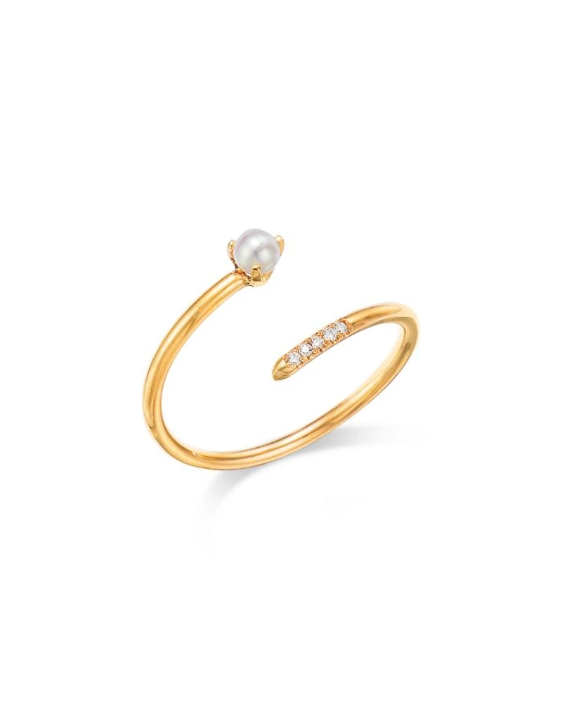 14K Yellow Gold Pearl & Pavé Diamond Bypass Ring