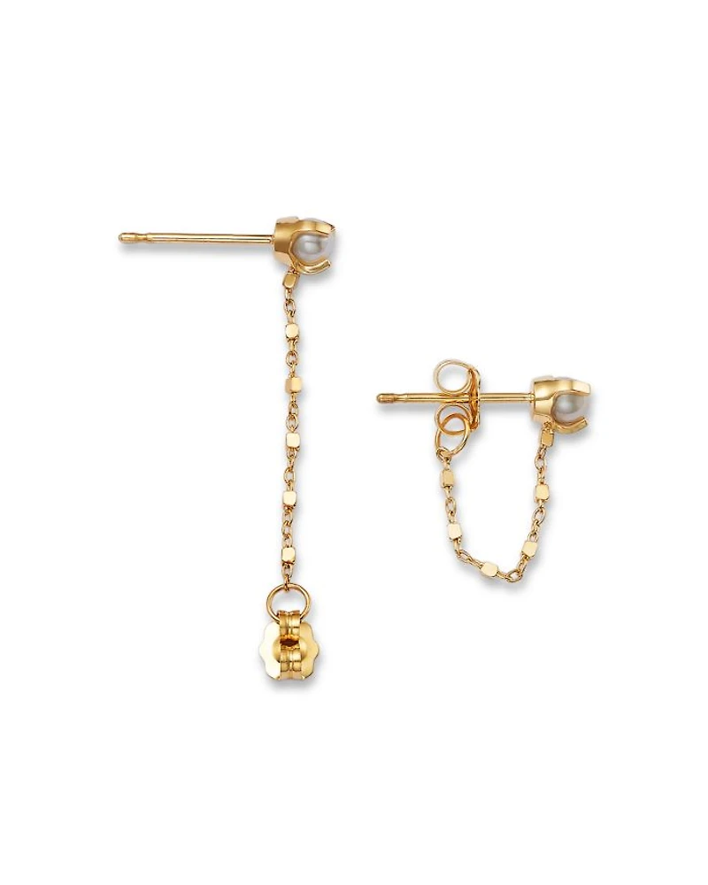 14K Yellow Gold Square Bead Chain Cultured Freshwater Pearl Earrings