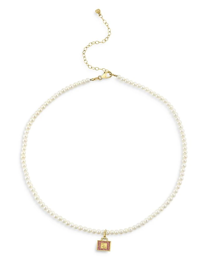 Wicked x Sydney Evan 14K Yellow Gold Pink Sapphire Luggage Charm Freshwater Pearl Necklace, 16"
