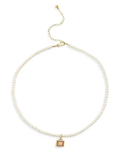 Wicked x Sydney Evan 14K Yellow Gold Pink Sapphire Luggage Charm Freshwater Pearl Necklace, 16"