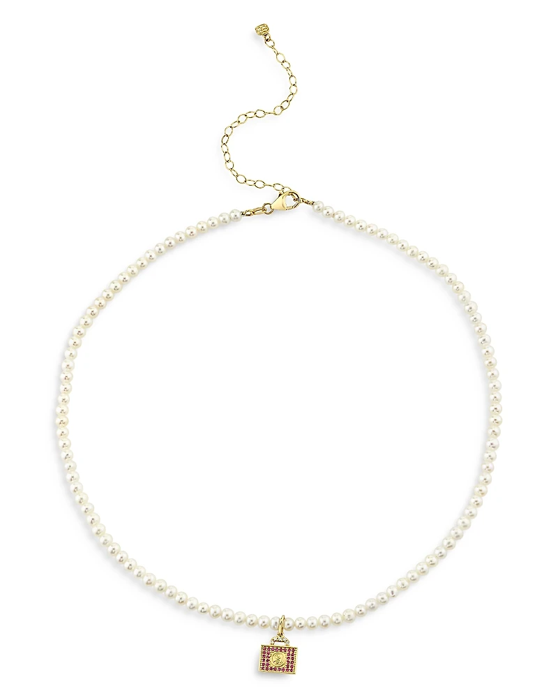 Sydney Evan Wicked x Sydney Evan 14K Yellow Gold Pink Sapphire Luggage Charm Freshwater Pearl Necklace, 16