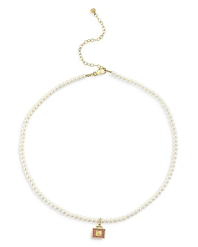 Sydney Evan Wicked x Sydney Evan 14K Yellow Gold Pink Sapphire Luggage Charm Freshwater Pearl Necklace, 16
