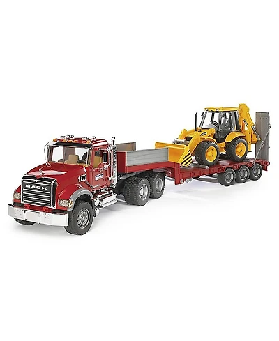 Bruder 1/16 Mack Granite Flatbed Truck w/ Low Loader & Loader Backhoe - Ages 5-7
