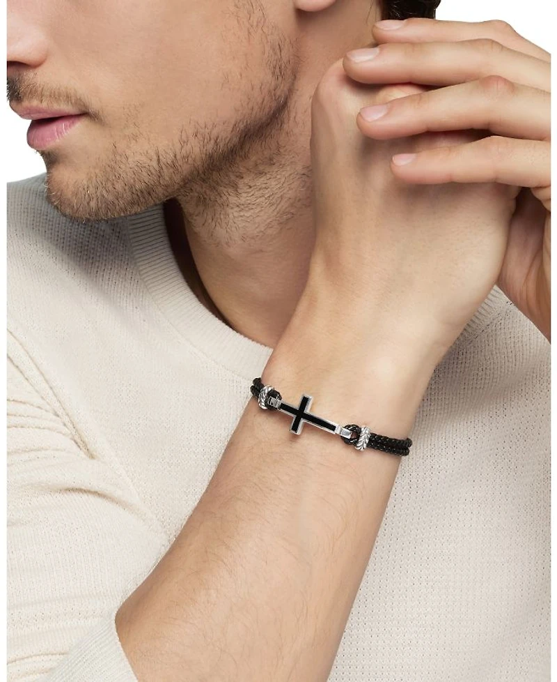 Men's Exotic Stone Cross Bracelet Black Leather with Sterling Silver and Onyx, 3mm