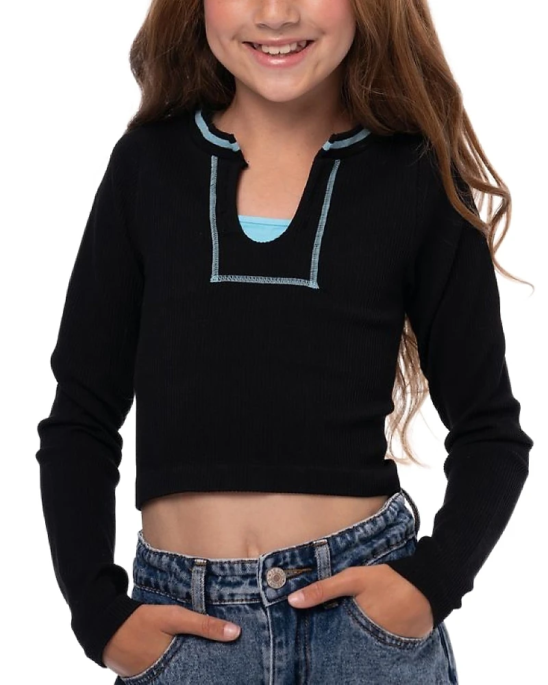 Malibu Sugar Girls' Long Sleeve Ribbed Seamless Top with Contrast Stitching - Big Kid