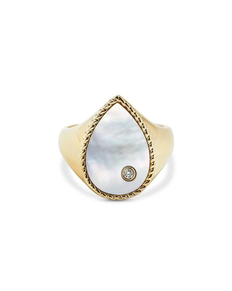 9K Yellow Gold Diamond & Mother of Pearl Pear Signet Ring