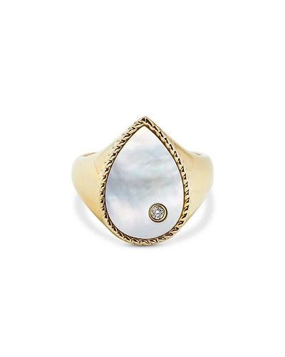 9K Yellow Gold Diamond & Mother of Pearl Pear Signet Ring