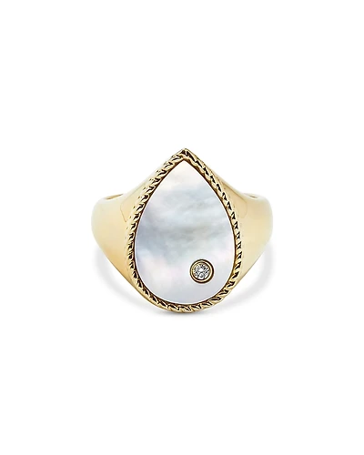 Yvonne Leon 9K Yellow Gold Diamond & Mother of Pearl Pear Signet Ring