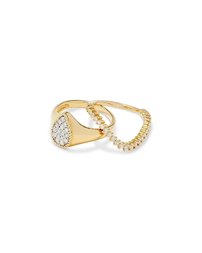 Yvonne Leon 9K Yellow Gold Grey Diamond Mini Wave Ring & Grey Diamond Pear Signet Ring Set