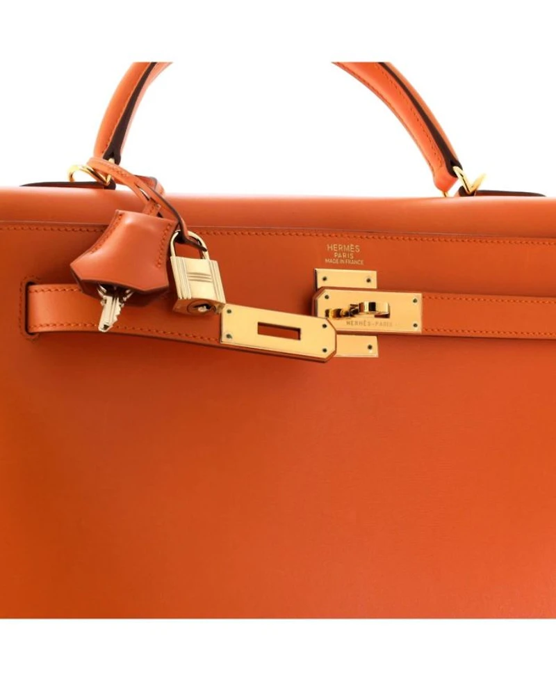 Kelly 32 Handbag Orange Box Calf with Gold Hardware