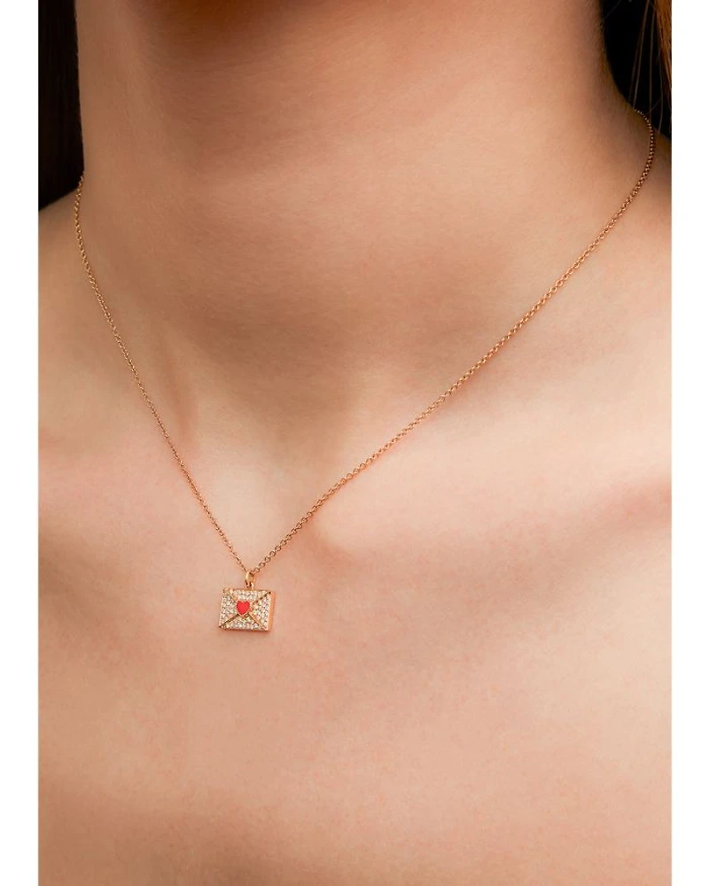 18K Yellow Gold Necklace Ma Declaration Gray Diamond & Red Heart Envelope Pendant Necklace, 16.53"