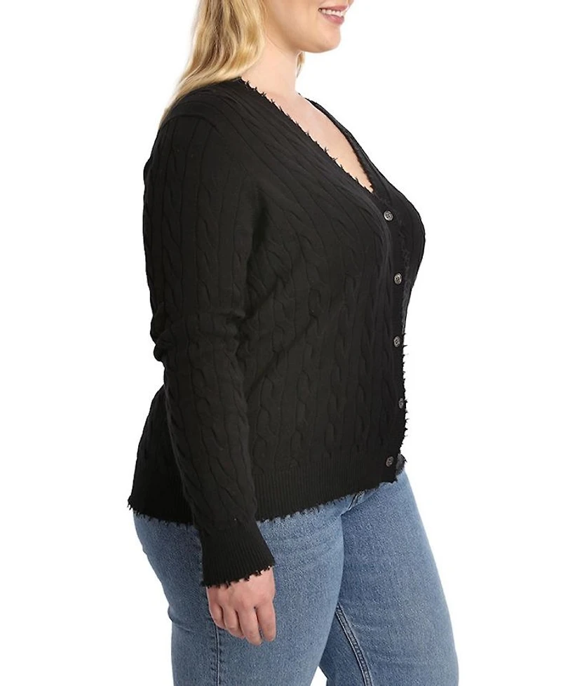 Plus Cotton Frayed Cable Long Sleeve V Neck Sweater Top