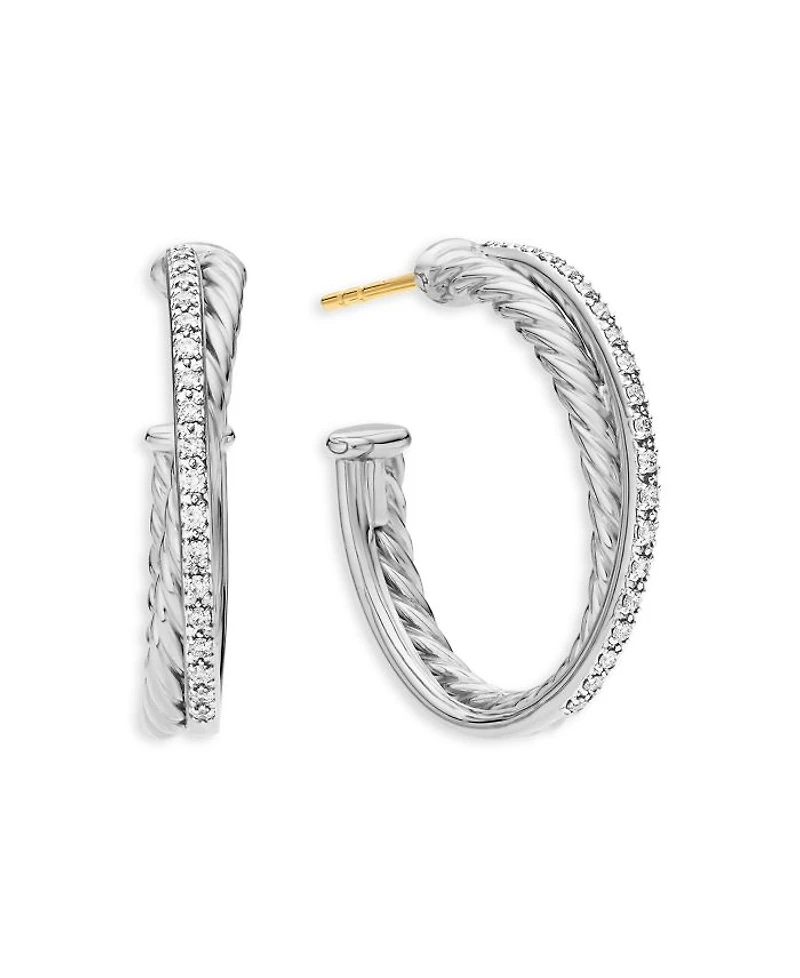 Sterling Silver Crossover Medium Hoop Earrings with Diamonds