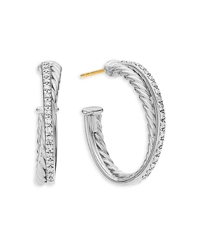 Sterling Silver Crossover Medium Hoop Earrings with Diamonds