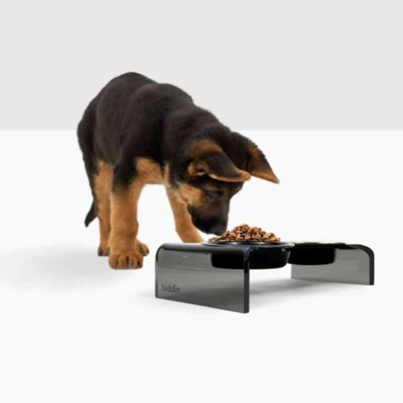 Small Smoke Grey Double Bowl Pet Feeder, 1 Pint Bowls