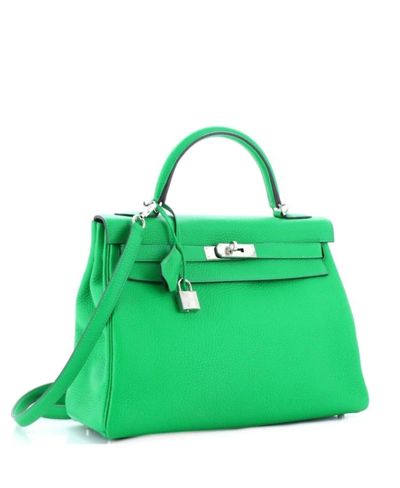 Pre-Owned HERMES Pre-Owned Hermes Kelly 32 Handbag Green Clemence with Palladium Hardware