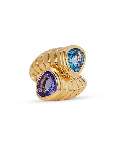 18K Yellow Gold Trisola Tanzanite & Blue Topaz Toi et Moi Ring