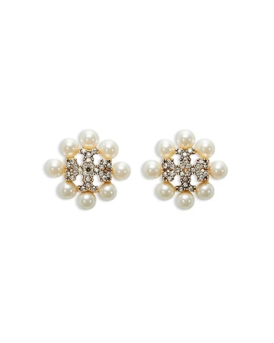 Kira Pavé Double T & Imitation Pearl Stud Earrings in 18K Gold Plated