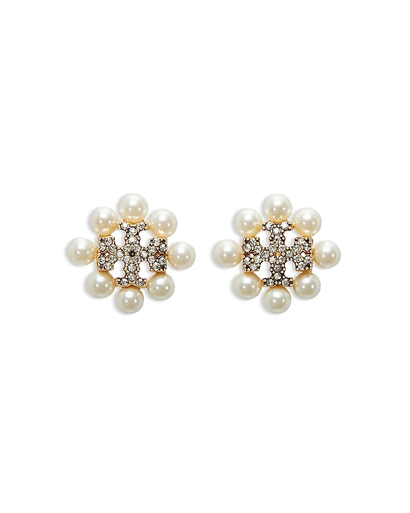 Tory Burch Kira Pave Double T & Imitation Pearl Stud Earrings