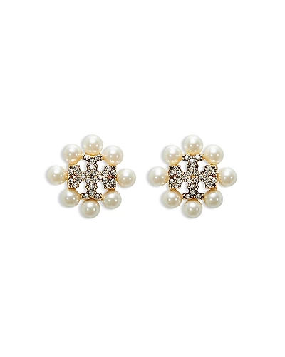Tory Burch Kira Pave Double T & Imitation Pearl Stud Earrings