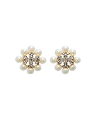 Tory Burch Kira Pave Double T & Imitation Pearl Stud Earrings