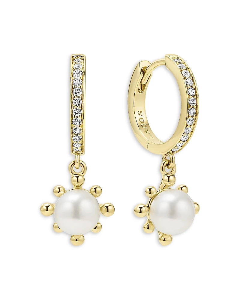 Lagos 18K Yellow Gold Luna Cultured Pearl Fleur Charm Diamond Hoop Earrings