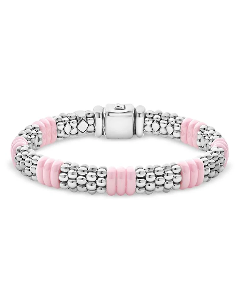 Sterling Silver Pink Caviar Ceramic Rondelle Polished Bead Bracelet