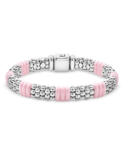 Sterling Silver Pink Caviar Ceramic Rondelle Polished Bead Bracelet