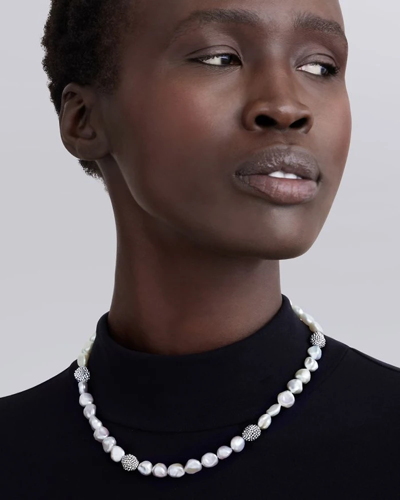Sterling Silver Luna Keshi Pearl & Caviar Bead Collar Necklace, 18"