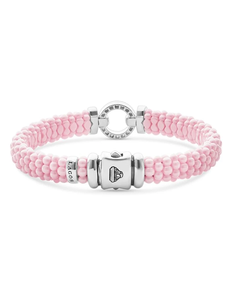Sterling Silver Pink Caviar Diamond Circle Ceramic Bead Bracelet
