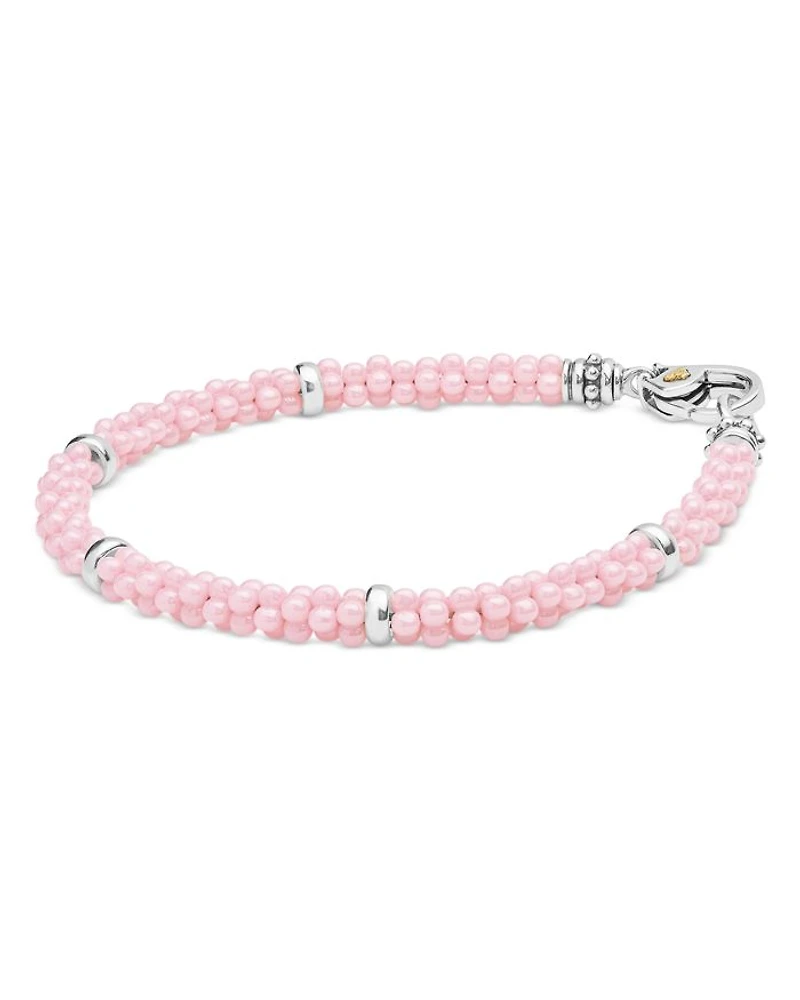 18K Yellow Gold & Sterling Silver Pink Caviar Ceramic Bead Bracelet