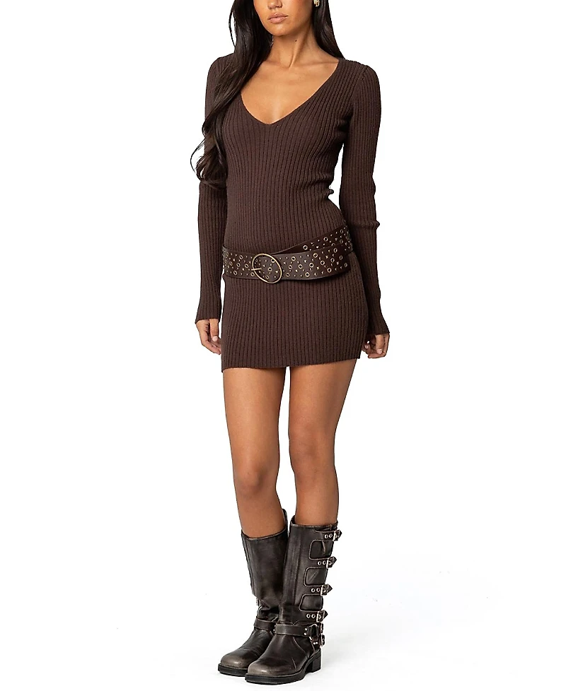 Edikted Ribbed Knit V Neck Mini Dress