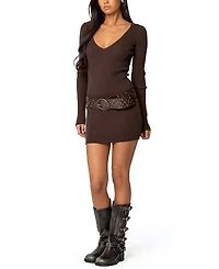 Edikted Ribbed Knit V Neck Mini Dress
