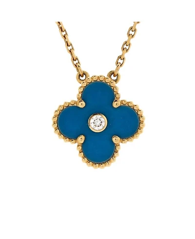 Vintage Alhambra Pendant Necklace 18K Gold and Blue Sevres Porcelain with Diamond