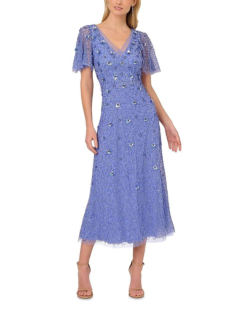 Adrianna Papell Beaded Mesh Flutter Sleeve Dress
