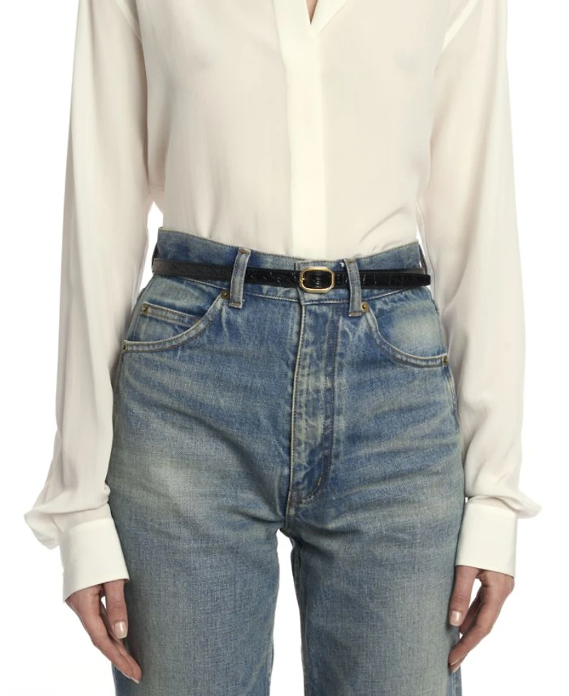 Frame Thin Belt in Crocodile-Embossed Leather