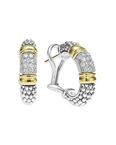 Lagos 18K Yellow Gold & Sterling Silver Signature Caviar Diamond Bead Small Hoop Earrings
