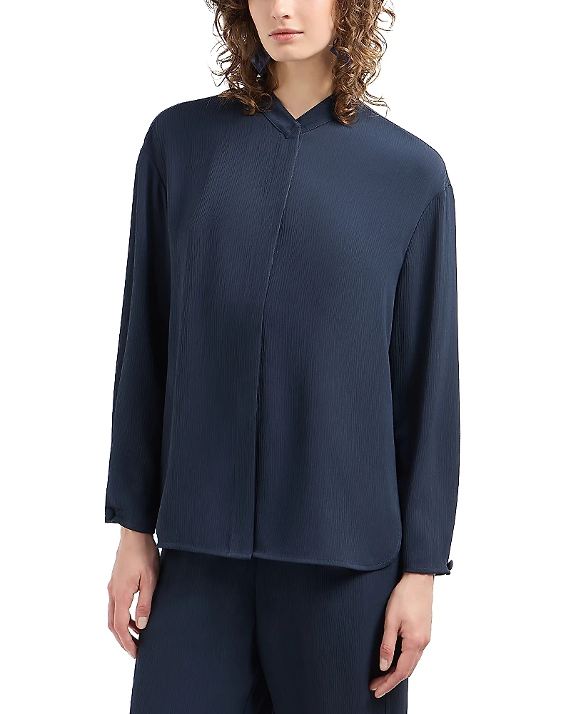 Emporio Armani Creponne Long Sleeve Button Down Blouse with Guru Collar