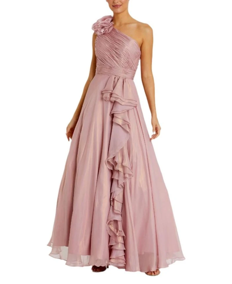 Iridescent One Shoulder Rosette Ball Gown